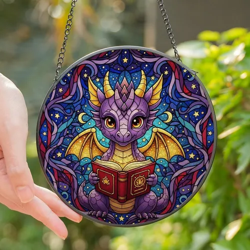 Fantasy Lovers' Whimsical Purple Baby Dragon Reading Jewel-Tone Stained Glass Design Stained Glass Suncatcher