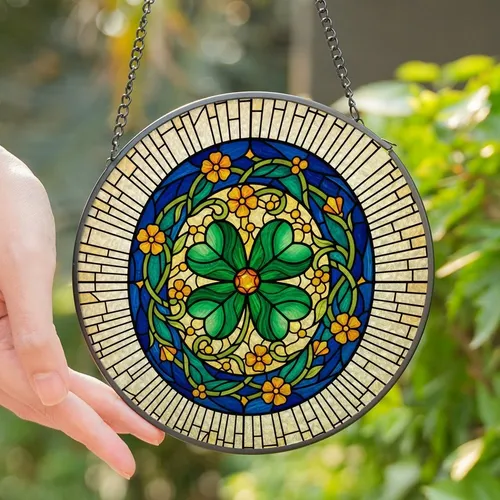 Art Lovers' Tiffany Stained Glass Lucky Clover Horseshoe Orange Jewel Green Blue Yellow Floral Mosaic Stained Glass Suncatcher