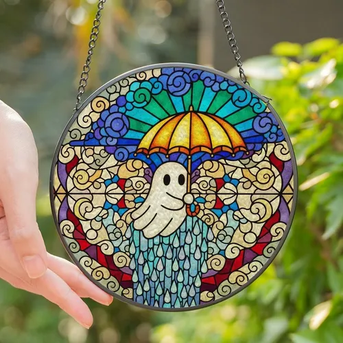 Whimsical Art Lovers Jewel-Toned Stained Glass Ghost Umbrella Rain Swirl Mosaic Stained Glass Suncatcher