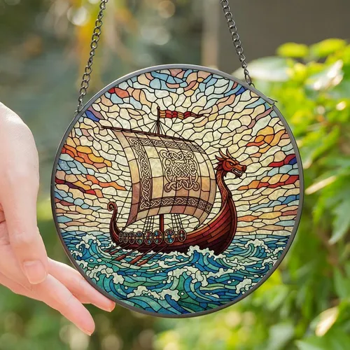 Viking Enthusiasts' Majestic Longship Dragon Head Stained Glass Art Turbulent Sea Mosaic Glowing Jewel Tones Stained Glass Suncatcher