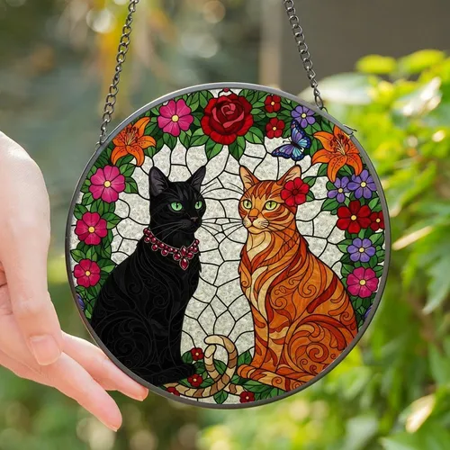 Cat Lovers' Vibrant Stained Glass Black Cat Orange Tabby Tiffany Floral Mosaic Stained Glass Suncatcher