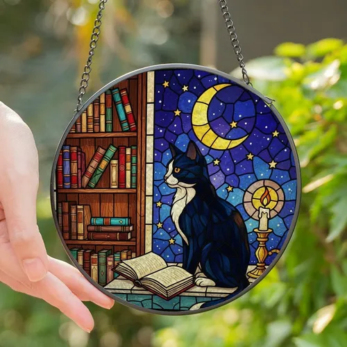 Cozy Cat & Book Lovers' Tiffany Stained Glass Tuxedo Cat Night Sky Bookshelf Jewel Tones Stained Glass Suncatcher