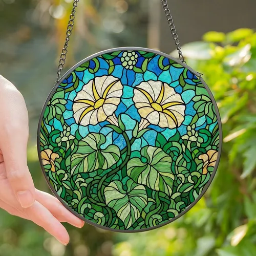 Nature Lovers' Intricate Tiffany Stained Glass Morning Glory Jewel Tone Garden Mosaic Stained Glass Suncatcher