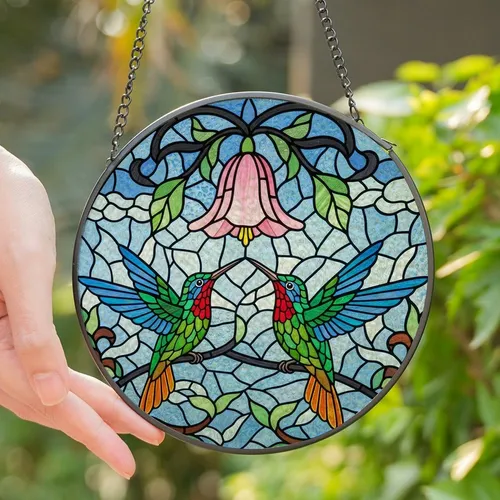Hummingbird Lovers' Iridescent Green Blue Red Stained Glass Hummingbirds Pink Floral Mosaic Stained Glass Suncatcher