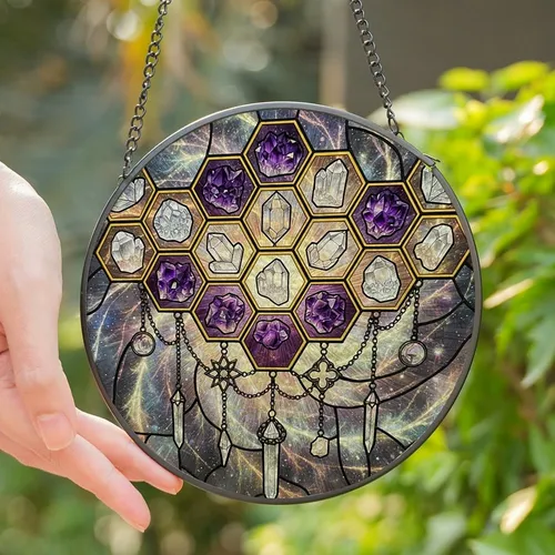 Ethereal Art Lovers' Stained Glass Honeycomb Crystals Aurora Amethyst Gold Rose Mosaic Stained Glass Suncatcher