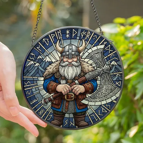 Fantasy & Mythology Lovers' Tiffany Style Stained Glass Viking Dwarf Axe Jewel Tone Nordic Mosaic Stained Glass Suncatcher