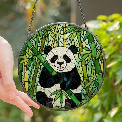Panda Lovers' Tiffany Style Stained Glass Chubby Panda Bamboo Jewel Tone Art Stained Glass Suncatcher
