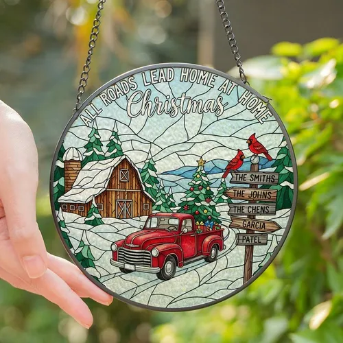 Christmas Enthusiasts' Tiffany Style Stained Glass Vintage Red Truck Winter Homecoming Scene Stained Glass Suncatcher