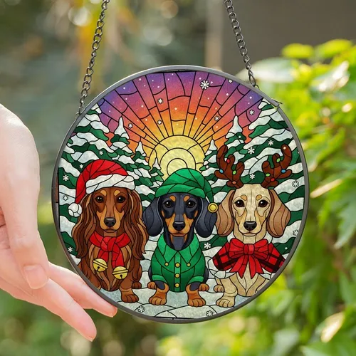 Dachshund Lovers' Tiffany Style Stained Glass Christmas Dachshund Trio Winter Mosaic Stained Glass Suncatcher