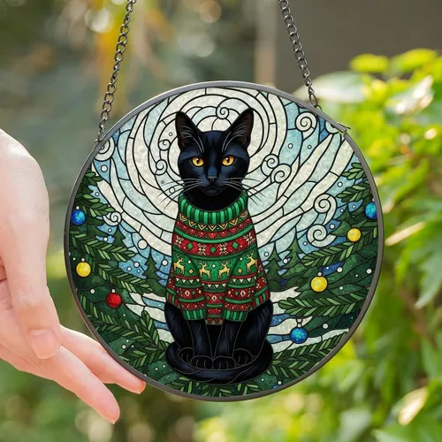 Cat Lovers' Tiffany Style Black Cat Christmas Sweater Stained Glass Jewel Tone Mosaic Stained Glass Suncatcher