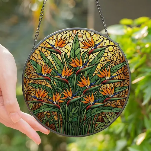 Women's Vibrant Orange Blue Green Tiffany Stained Glass Floral Mosaic Stained Glass Suncatcher