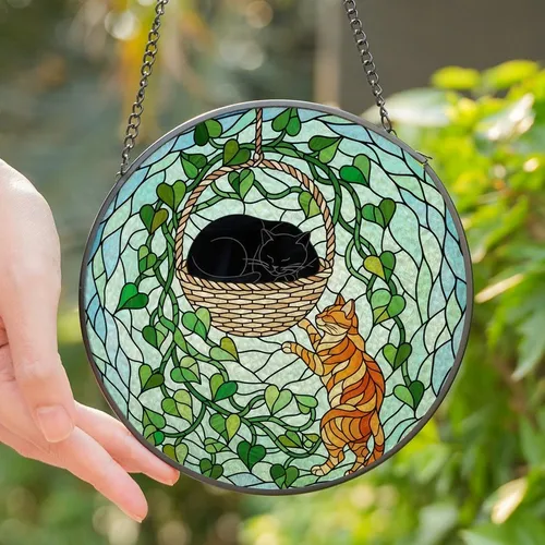 Cat Lovers' Intricate Stained Glass Sleeping Black Cat Orange Tabby Climbing Vines Sky Blue Mosaic Stained Glass Suncatcher