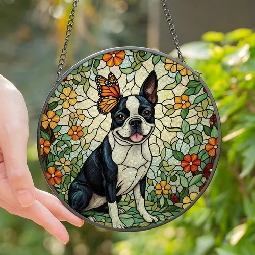 Boston Terrier Lovers' Vibrant Tiffany Style Stained Glass Monarch Butterfly Jewel Tone Garden Stained Glass Suncatcher