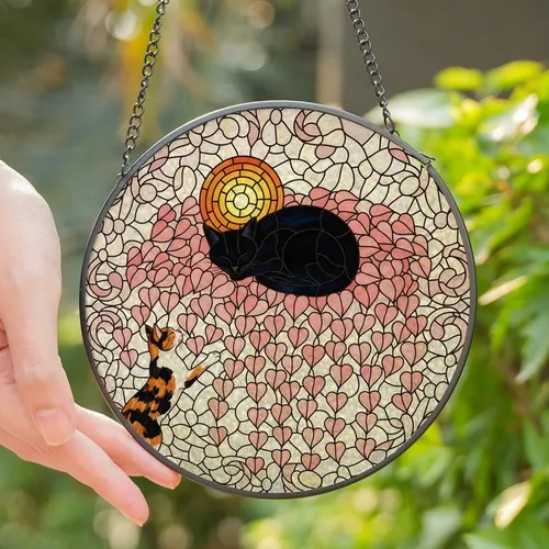 Cat Lovers' Intricate Tiffany Stained Glass Black & Calico Cats Pink Amber Heart Leaves Mosaic Stained Glass Suncatcher