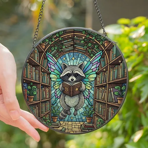 Fantasy Readers' Intricate Tiffany Stained Glass Raccoon Butterfly Library Emerald Amethyst Jewel Tone Mosaic Stained Glass Suncatcher
