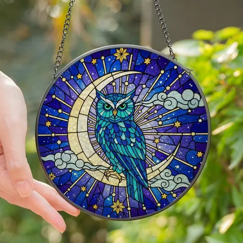 Nature Lovers' Tiffany Stained Glass Owl Crescent Moon Cosmic Blue Emerald Art Stained Glass Suncatcher