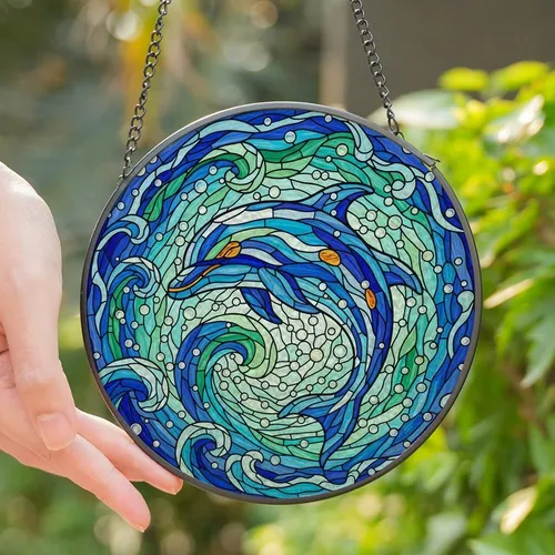 Ocean Lovers' Tiffany Style Vibrant Jewel Tone Stained Glass Leaping Dolphin Mosaic Ocean Waves Art Stained Glass Suncatcher