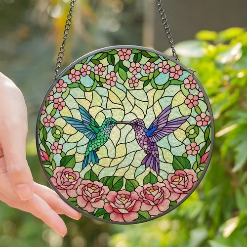 Nature Lovers' Luminous Tiffany Style Stained Glass Hummingbirds Pink Roses Mosaic Stained Glass Suncatcher