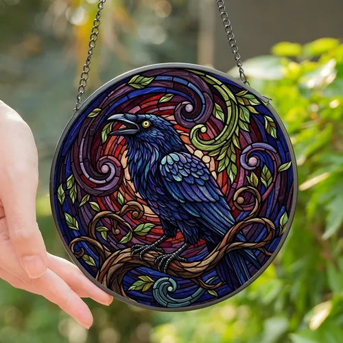 Art Lovers' Majestic Raven Stained Glass Celestial Deep Purple Red Green Brown Stained Glass Suncatcher