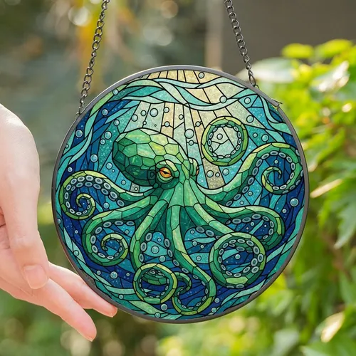Ocean Lovers' Vibrant Stained Glass Octopus Geometric Marine Mosaic Emerald Teal Amber Stained Glass Suncatcher