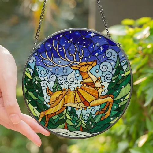 Art & Nature Admirers' Tiffany Style Amber Gold Leaping Reindeer Winter Wonderland Mosaic Stained Glass Suncatcher