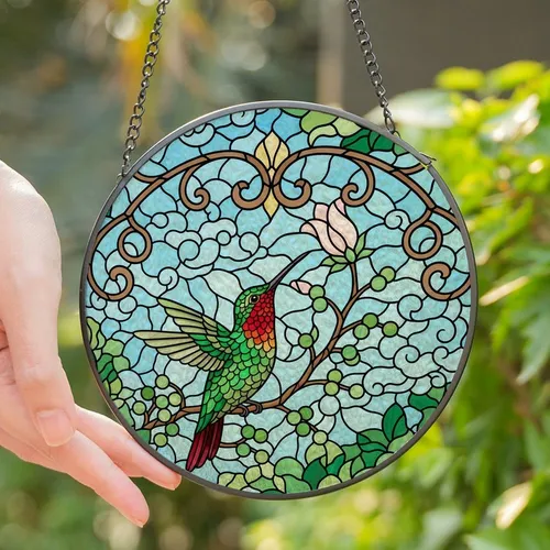 Nature Lovers' Vibrant Tiffany Stained Glass Hummingbird Floral Jewel Tone Mosaic Art Stained Glass Suncatcher