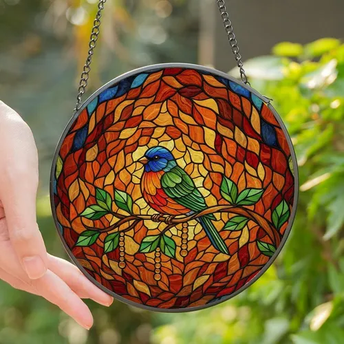 Art Admirers' Vibrant Stained Glass Songbird with Jewel Tone Leaves & Amber Beads, Intricate Tiffany Style Mosaic Background Stained Glass Suncatcher