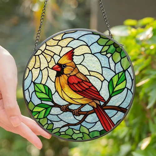 Nature Lovers' Intricate Stained Glass Cardinal Tiffany Art Jewel Tone Mosaic Yellow Red Green Blue Stained Glass Suncatcher