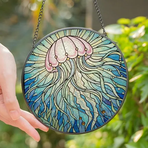 Ocean Lovers' Iridescent Tiffany Stained Glass Jellyfish Underwater Mosaic Jewel Tones Stained Glass Suncatcher