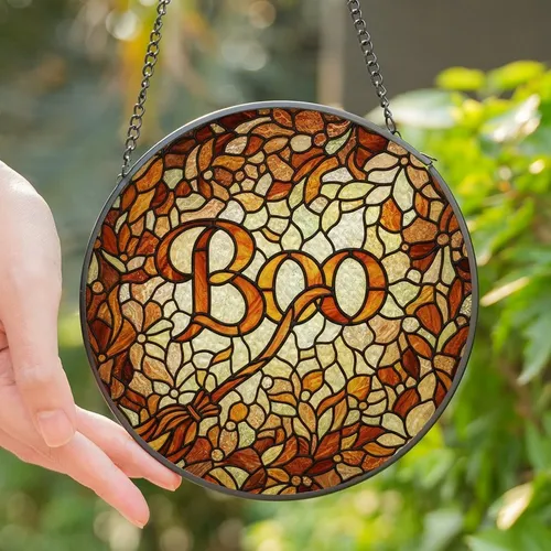 Spooky Season Lovers' Jewel Tone Stained Glass 'BOO' Witch Broom Autumnal Mosaic Stained Glass Suncatcher