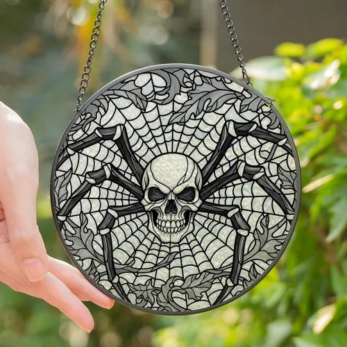 Gothic Style Admirers' Detailed Stained Glass Spider Skull Art with Swirling Cobwebs & Thorny Foliage in Black White Grey Jewel Tones Stained Glass Suncatcher
