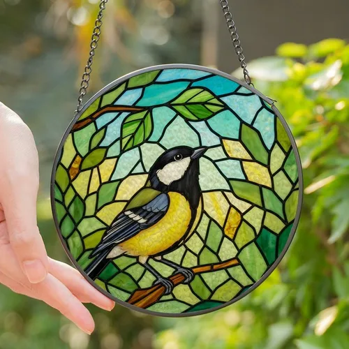 Bird Lovers' Vibrant Tiffany Stained Glass Great Tit Songbird Emerald Green Teal Foliage Mosaic Stained Glass Suncatcher