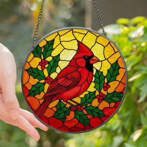 Nature Lovers' Tiffany Stained Glass Red Cardinal Holly Berries Radiant Sunset Mosaic Art Stained Glass Suncatcher
