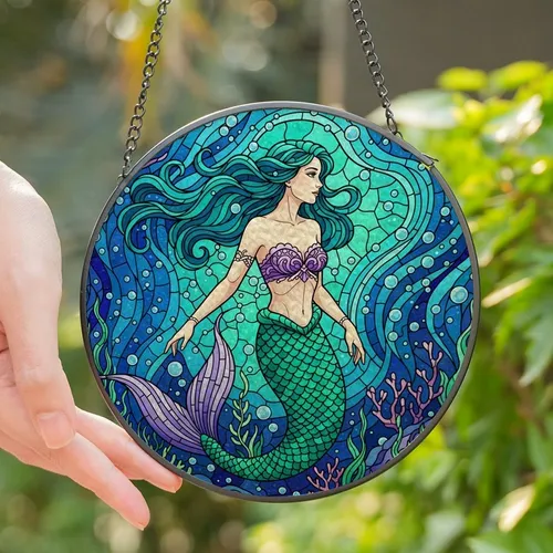 Fantasy Art Lovers' Stained Glass Mermaid Deep Sea Teal Blue Purple Emerald Jewel Tones Stained Glass Suncatcher