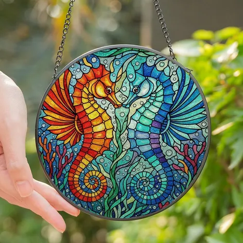 Ocean Enthusiasts' Vibrant Tiffany Stained Glass Seahorses Mosaic with Warm & Cool Jewel Tones, Intricate Water Patterns & Black Lead Lines Stained Glass Suncatcher