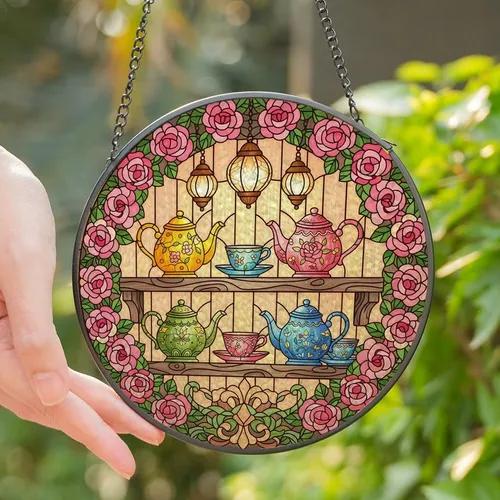 Tea Enthusiasts' Detailed Stained Glass Teapot Rose Floral Peach Yellow Mosaic Stained Glass Suncatcher