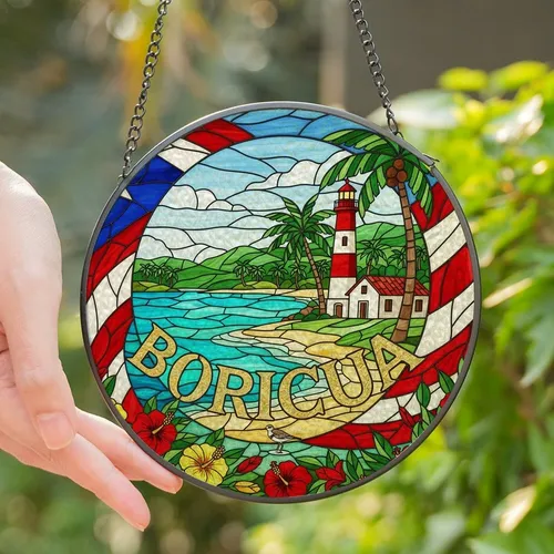 Boricua Heritage Enthusiasts' Glowing Stained Glass Boricua Tropical Beach Flag Art Stained Glass Suncatcher