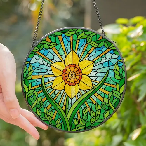 Nature Lovers' Intricate Stained Glass Daffodil Bloom Mosaic Spring Foliage Stained Glass Suncatcher
