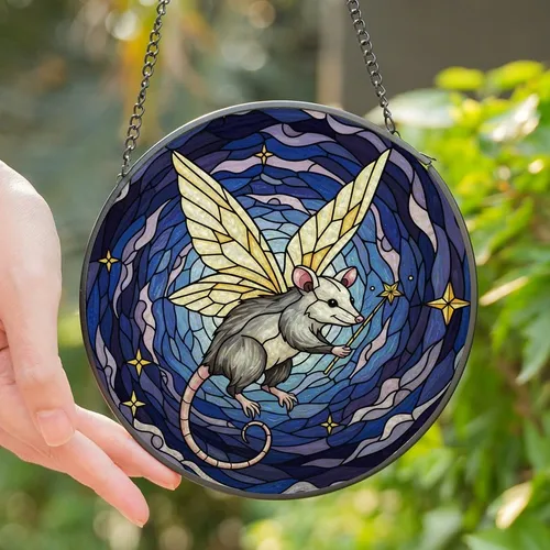 Whimsical Art Lovers' Flying Possum Fairy Stained Glass Celestial Mosaic in Black Grey Pink Yellow Stained Glass Suncatcher