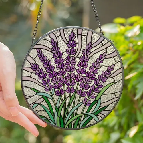 Nature Lovers' Intricate Stained Glass Lavender Floral Tiffany Style Jewel Tone Design Stained Glass Suncatcher