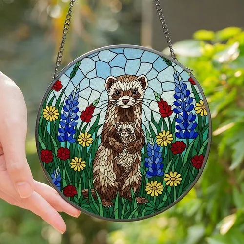 Ferret Lovers' Tiffany Stained Glass Ferret Wildflower Mosaic Jewel Tone Art Stained Glass Suncatcher