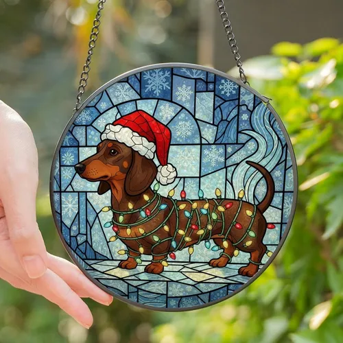 Dachshund Lovers' Jewel Tone Stained Glass Christmas Dog Festive Mosaic Pattern Stained Glass Suncatcher
