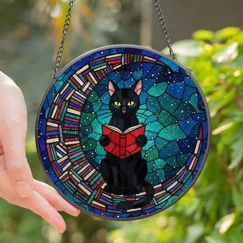 Literary Cat Lovers Tiffany Stained Glass Black Cat Reading Book Celestial Mosaic Art Black Red Blue Purple Stained Glass Suncatcher