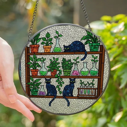 Cat & Plant Lovers Tiffany Style Stained Glass Black Cats Botanical Beakers Jewel Tone Mosaic Design Stained Glass Suncatcher
