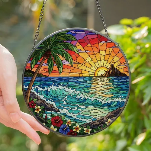 Tropical Art Lovers' Vibrant Stained Glass Beach Sunset Ocean Palm Tree Mosaic Jewel Tones Edge-to-Edge Stained Glass Suncatcher