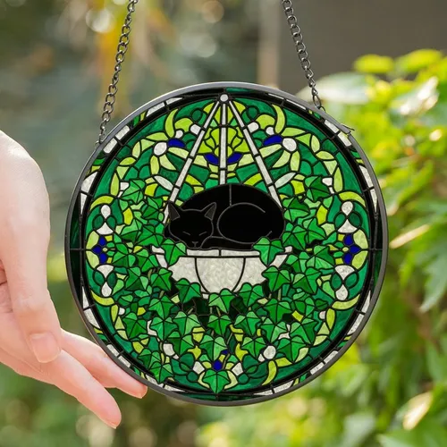 Cat Lovers' Tiffany Stained Glass Black Cat Emerald Green Ivy Sapphire Mosaic Stained Glass Suncatcher