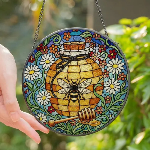 Nature Lovers' Tiffany Stained Glass Beehive Honey Jar Golden Yellow Amber Green Daisy Floral Mosaic Pattern Stained Glass Suncatcher