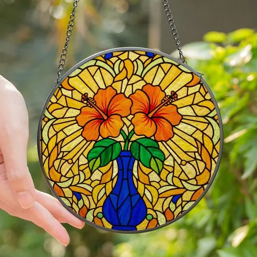 Art Lovers' Vibrant Tiffany Stained Glass Orange Hibiscus & Cobalt Blue Mosaic Stained Glass Suncatcher