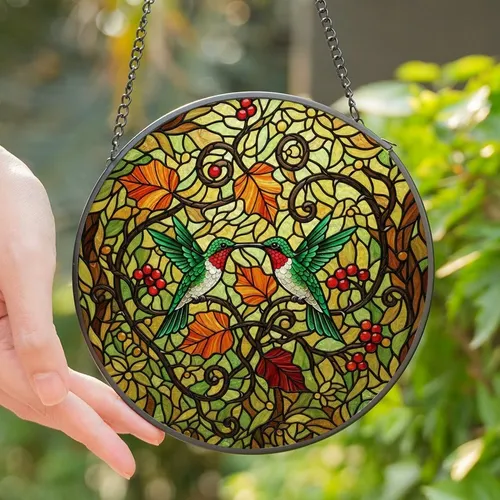 Nature Lovers' Tiffany Style Stained Glass Hummingbird Emerald Ruby Amber Fall Leaves Vine Mosaic Stained Glass Suncatcher