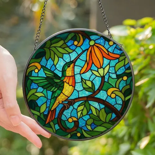 Nature & Art Lovers' Tiffany Stained Glass Hummingbird Emerald Golden Orange Floral Mosaic Stained Glass Suncatcher